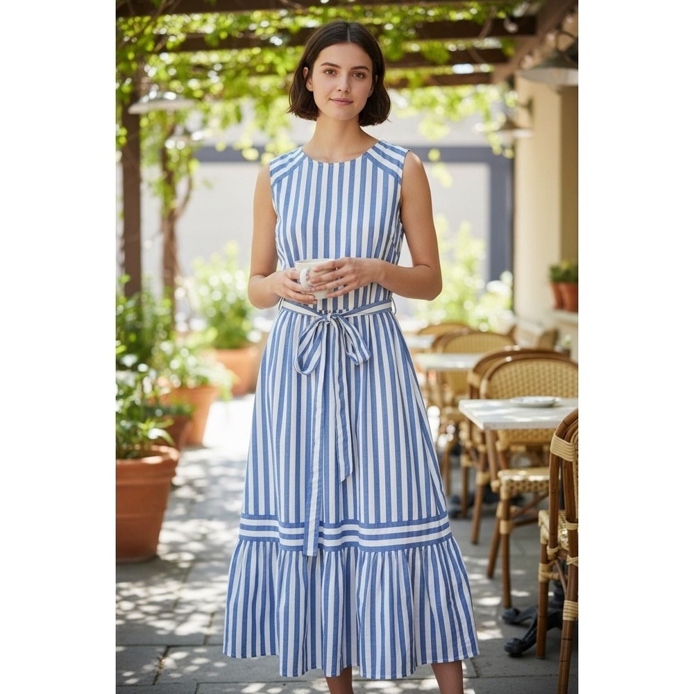 J.Crew Midi Dress 10 Blue White Excellent Striped‎ Linen Blend Sleeveless Pocket